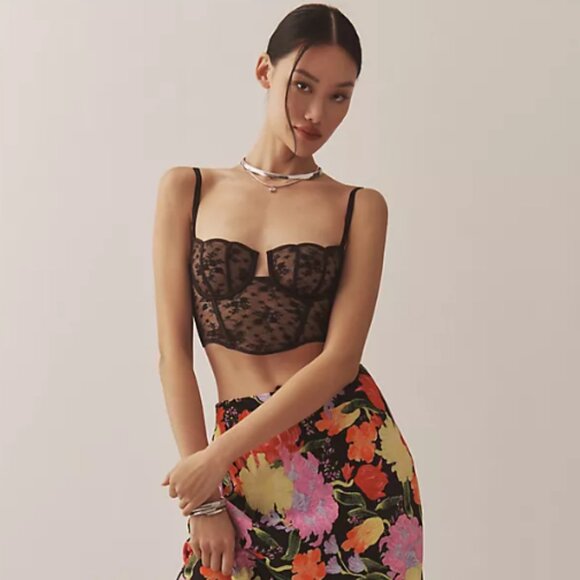 Anthropologie Black Mesh Bustier Corset Cami Crop Top - Picture 1 of 5